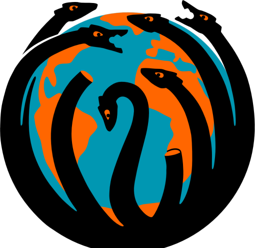 Ein Globus, der von einer Hydra umschlungen wird.