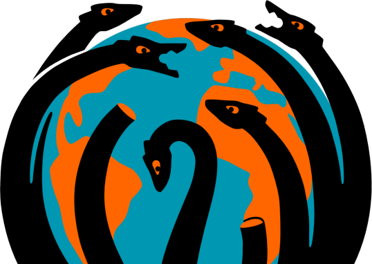 Ein Globus, der von einer Hydra umschlungen wird.